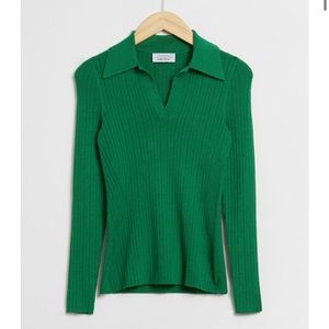 & Other Stories Green Ribbed Collared Sweater